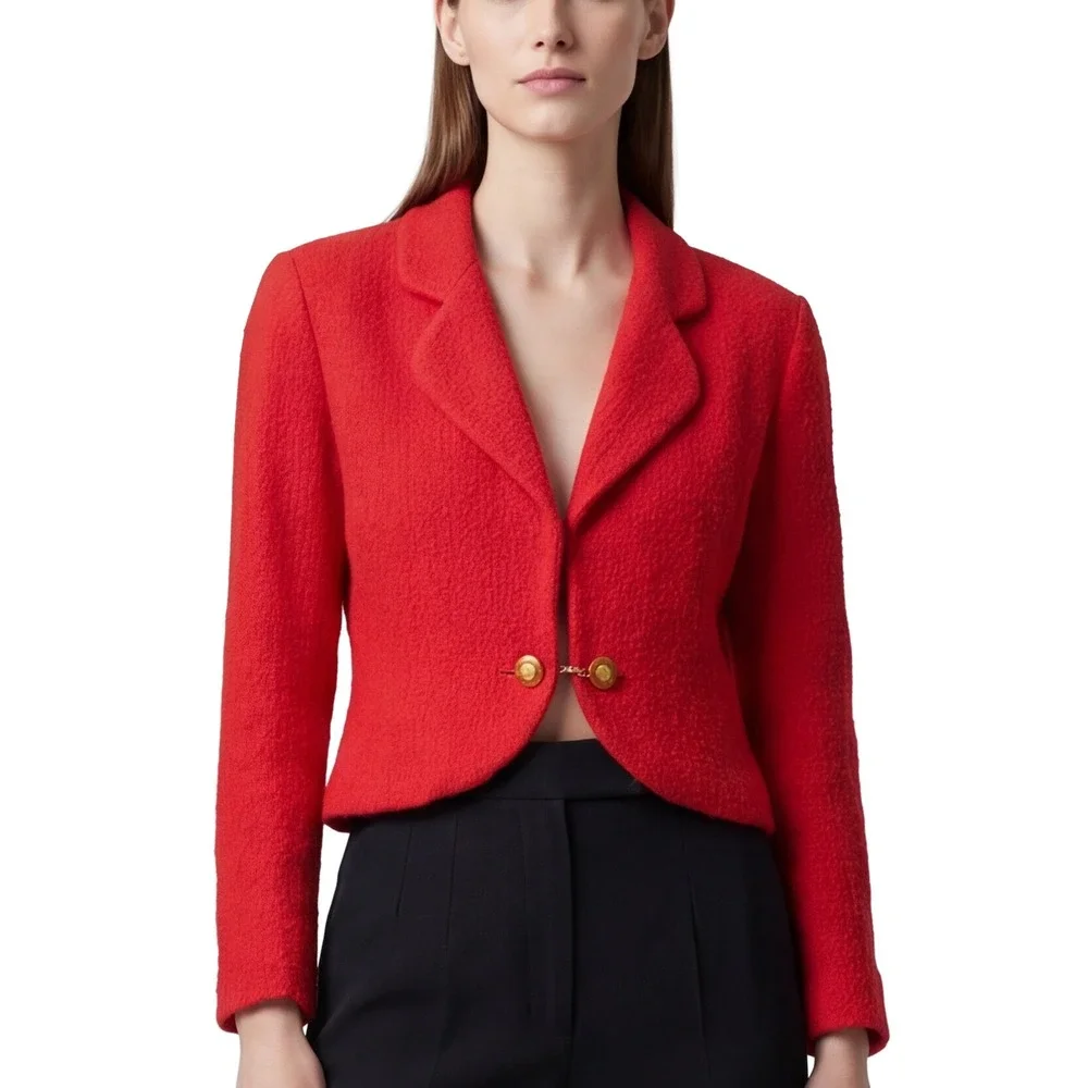 RARE Vintage CHANEL Runway Red Tweed Cropped Blazer  FR 36‎ US 4